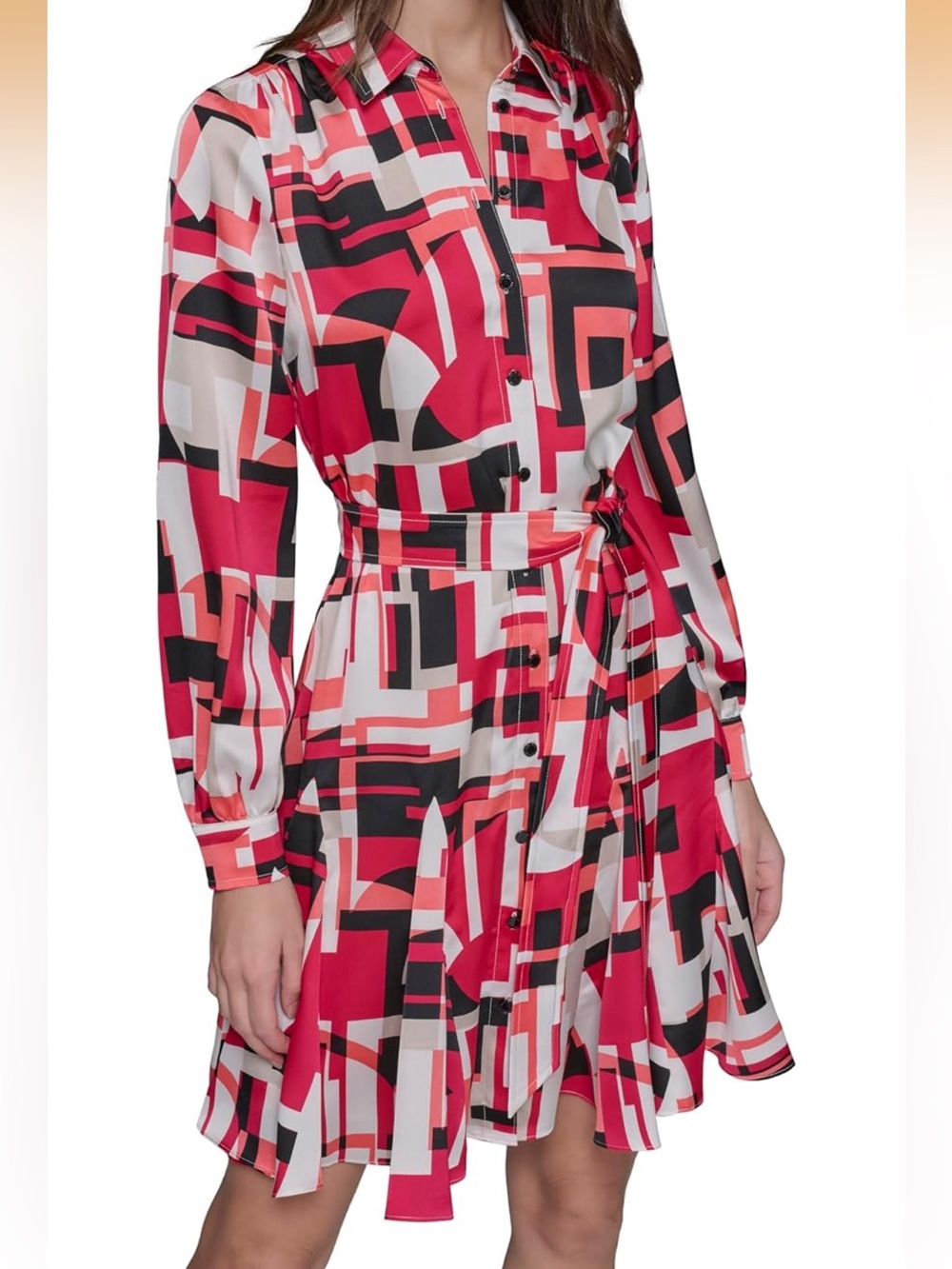 Karl Lagerfeld Red Black White Geometric Shirt Dress